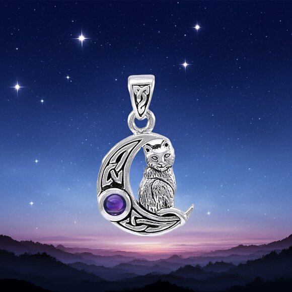 Cat Crescent Moon with Amethyst Sterling Silver Pendant - Picture 1 of 2